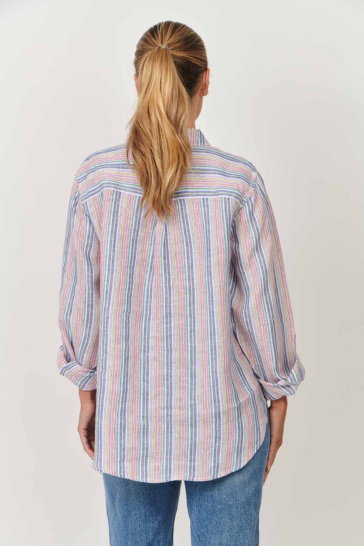100% linen enveloppe shirt back view arc en ciel pastel striped shirt over size boyfriend style loose fitting summer calma spa skin clinic armadale melbourne fashion lifestyle