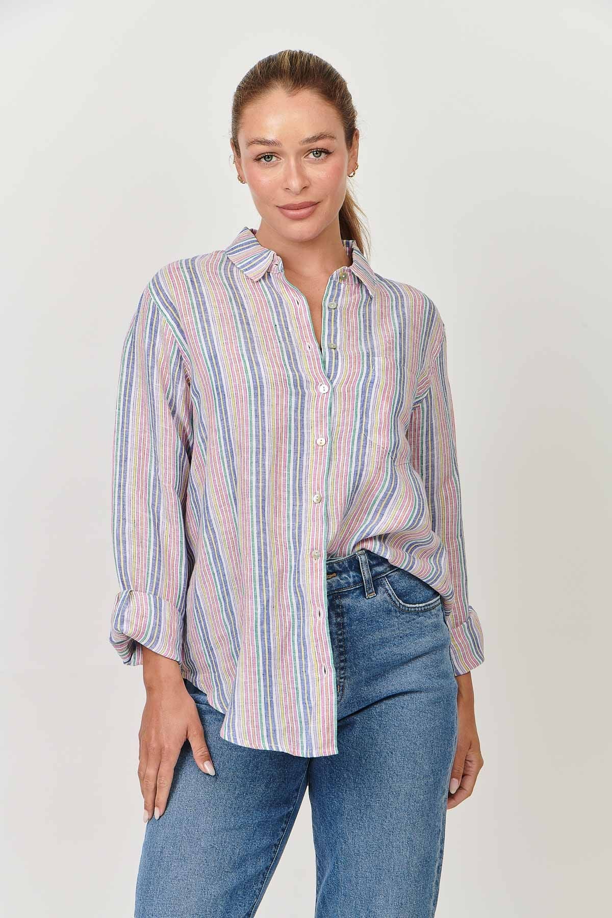 100% linen enveloppe shirt front view arc en ciel pastel striped shirt over size boyfriend style loose fitting summer calma spa skin clinic armadale melbourne fashion lifestyle