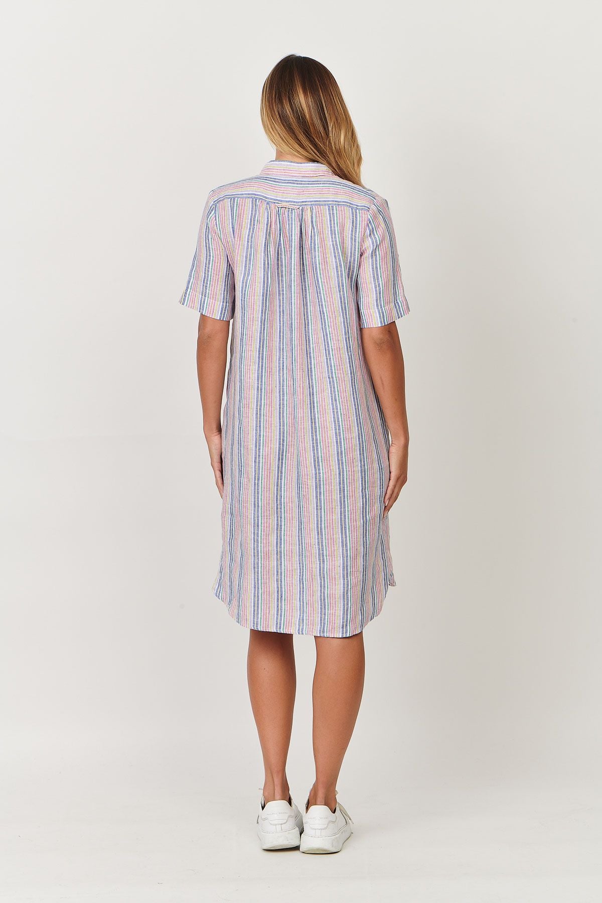 100% linen Enveloppe shirt BACK VIEW DRESS OVER BATHERS ARC-EN-CIEL COLOURED STRIPES style 058 over size boyfriend style loose fitting summer calma spa skin clinic armadale melbourne fashion lifestyle