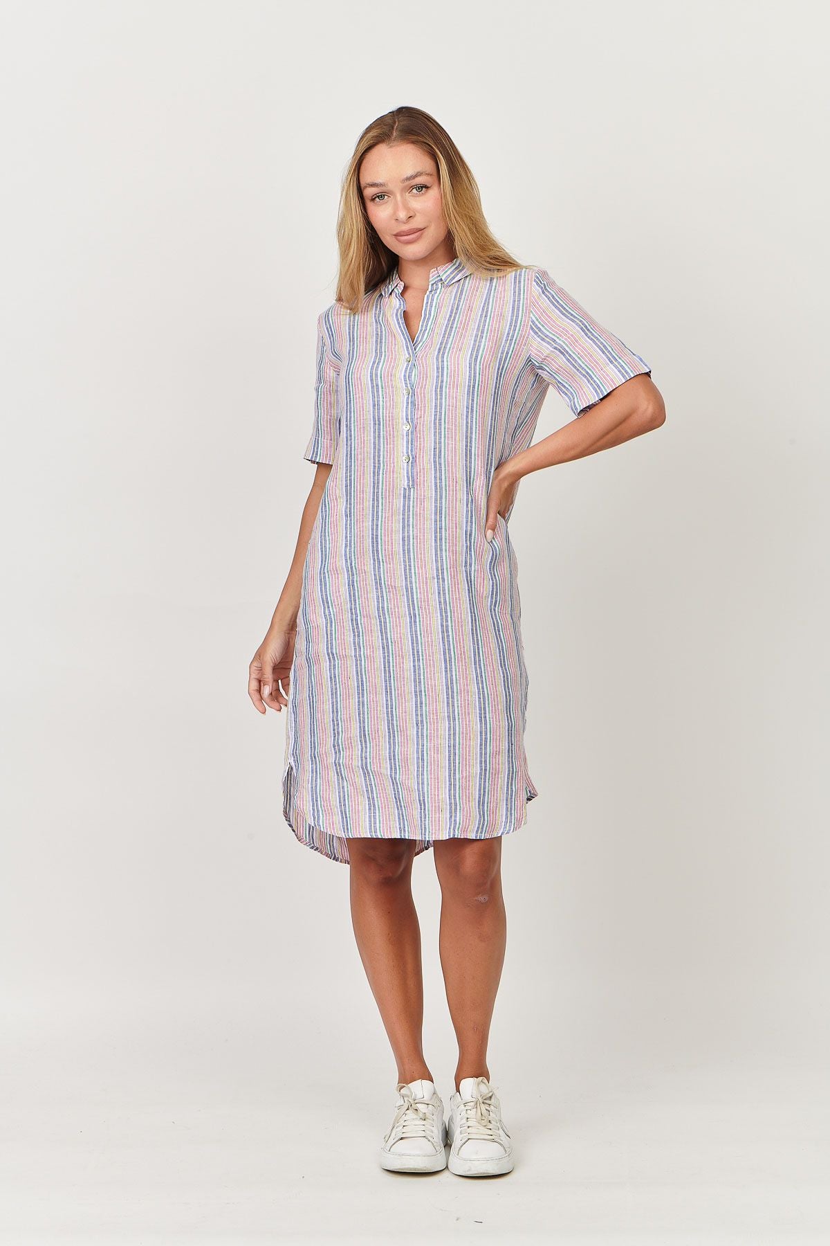 100% linen Enveloppe shirt FRONT VIEW DRESS OVER BATHERS ARC-EN-CIEL COLOURED STRIPES style 058 over size boyfriend style loose fitting summer calma spa skin clinic armadale melbourne fashion lifestyle