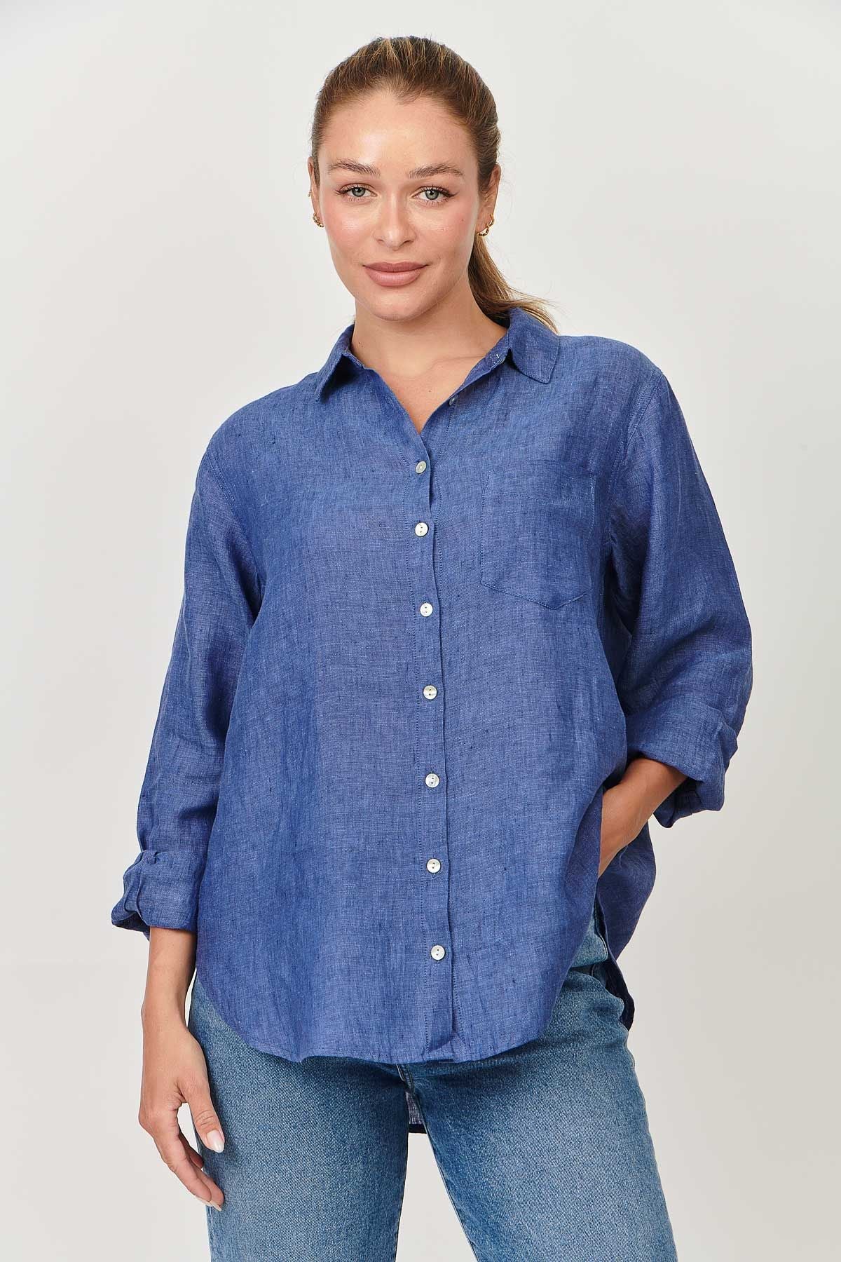 100% linen Enveloppe shirt front view cobalt blue shirt over size boyfriend style loose fitting summer calma spa skin clinic armadale melbourne fashion lifestyle