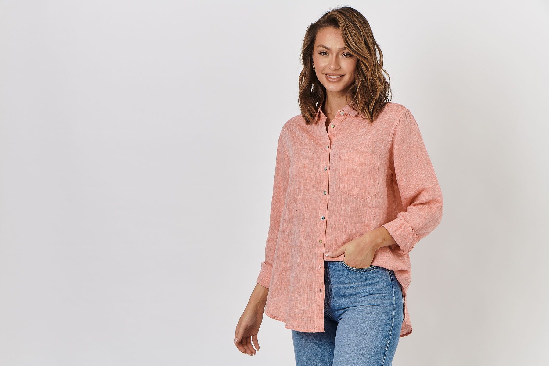 100% linen Enveloppe shirt front view MANDIRINE ORANGE style 031 over size boyfriend style loose fitting summer calma spa skin clinic armadale melbourne fashion lifestyle