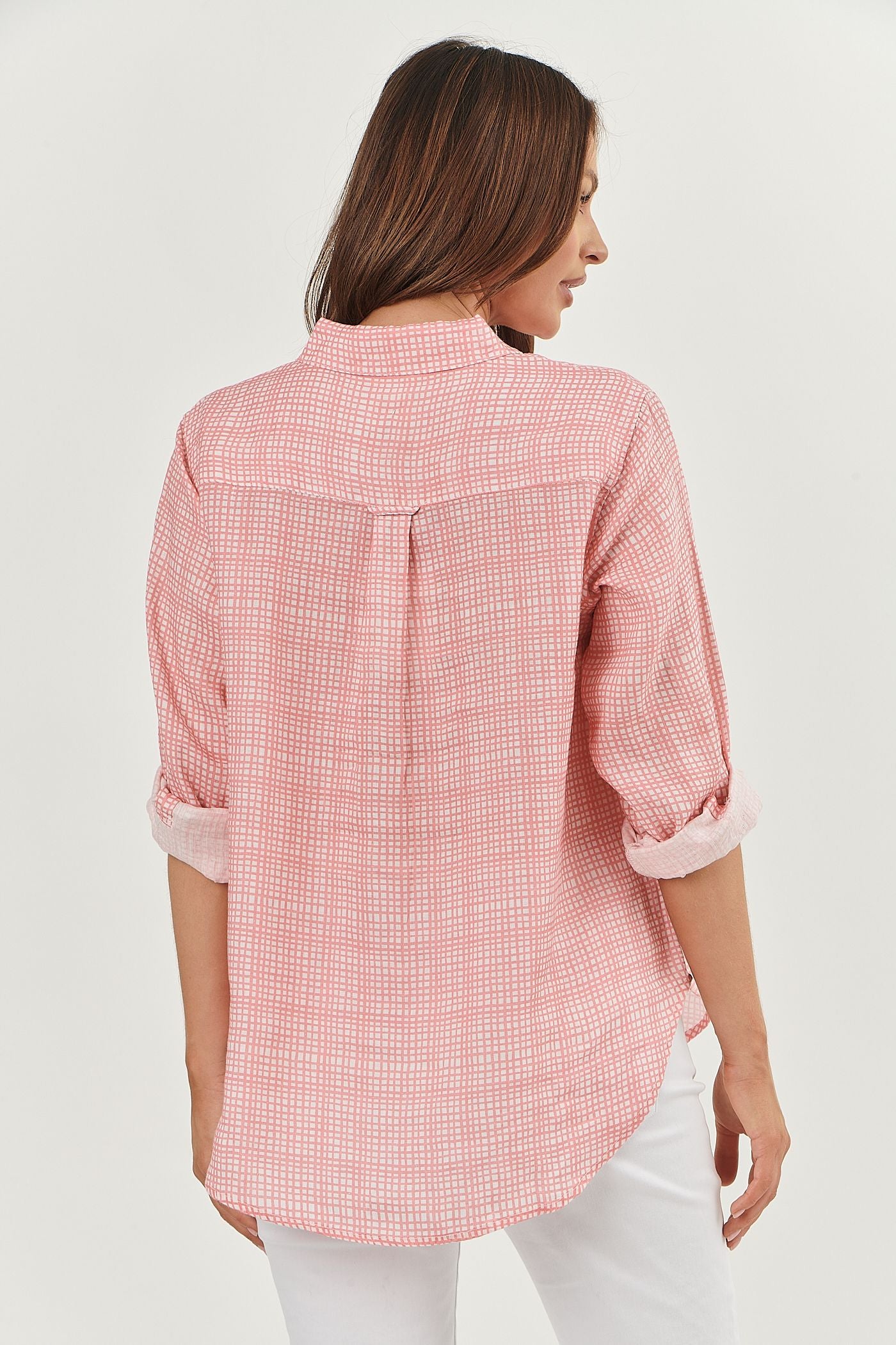 100% linen Enveloppe shirt BACK VIEW MINI ROSE PINK ORANGE CHECK style 061 over size boyfriend style loose fitting summer calma spa skin clinic armadale melbourne fashion lifestyle