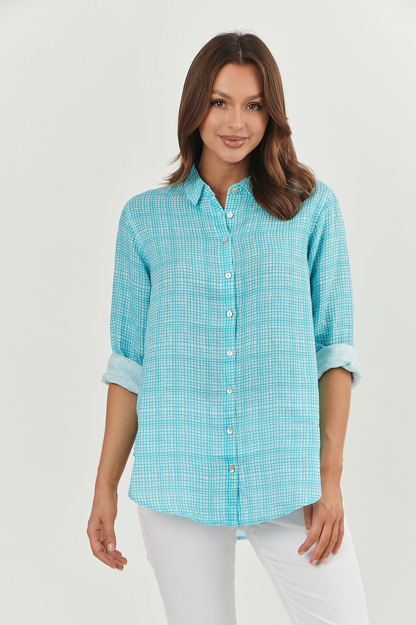 100% linen Enveloppe shirT FRONT VIEW MINI TURQUOISE LIGHT BLUE SMALL CHECKS style 064 over size boyfriend style loose fitting summer calma spa skin clinic armadale melbourne fashion lifestyle