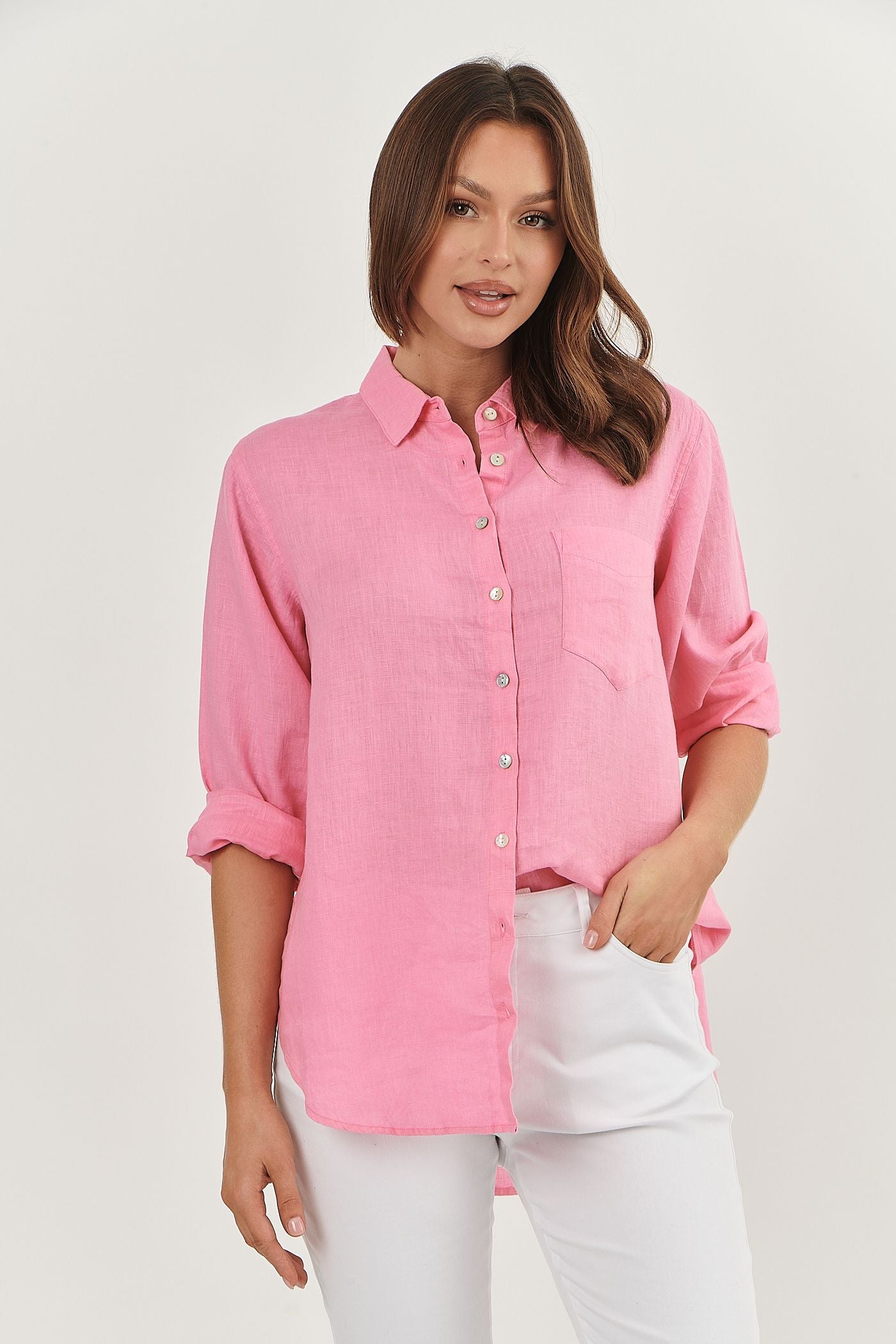 100% linen Enveloppe shirt FRONT VIEW TUCK ROSE PINK style 059 over size boyfriend style loose fitting summer calma spa skin clinic armadale melbourne fashion lifestyle