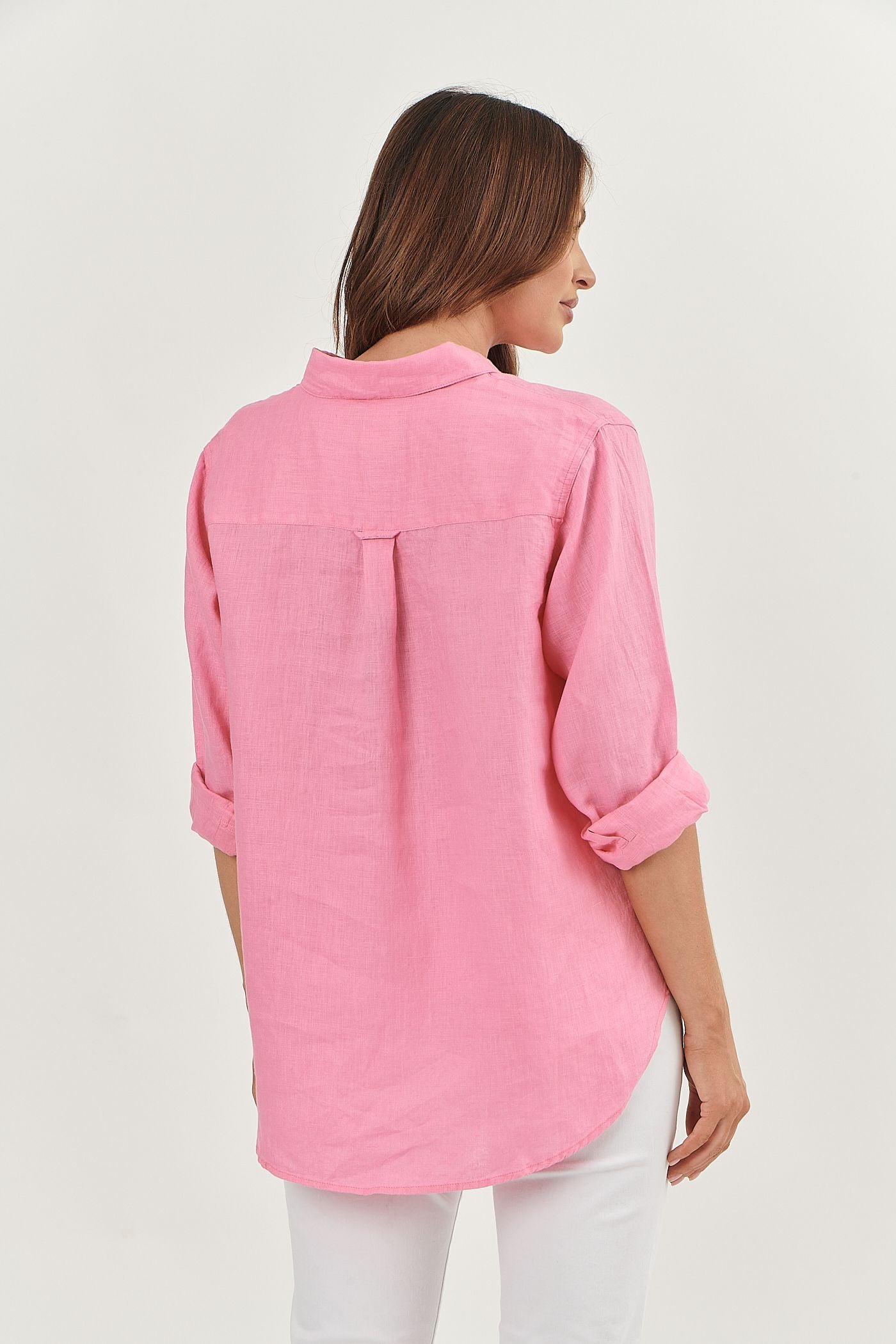 100% linen Enveloppe shirt BACK VIEW ROLLED SLEEVES ROSE PINK style 059 over size boyfriend style loose fitting summer calma spa skin clinic armadale melbourne fashion lifestyle