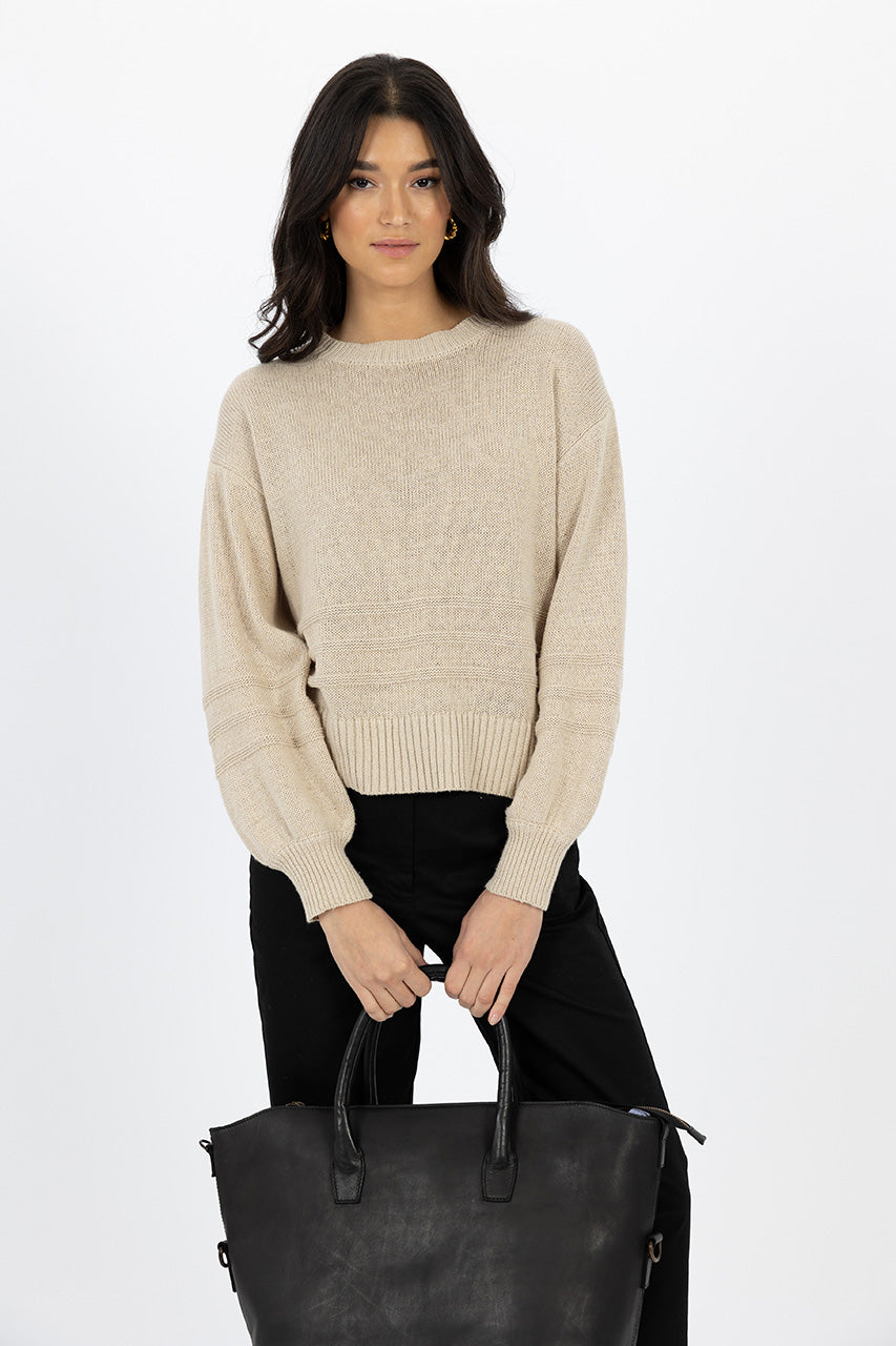 Humidity lifestyle casual clothing melbourne fashion high street Armadale calma spa HS24108 cosy warm macy jumper stone front view