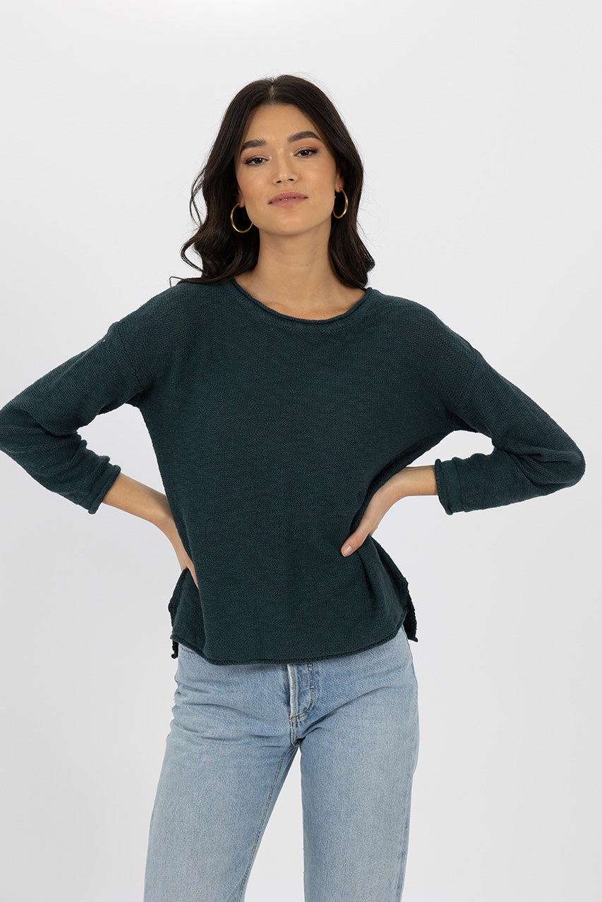 Humidity lifestyle casual clothing spring summer autumn winter range melbourne fashion high street Armadale calma spa HW24502 sofia sweater Atlantic blue front with earrings