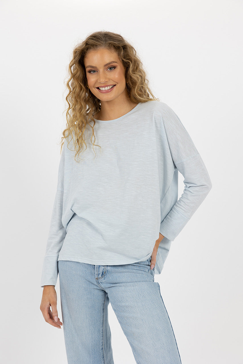 Humidity lifestyle casual summer clothing melbourne fashion high street Armadale calma spa HW24602 long sleeve dippy tee t shirt ice blue front view
