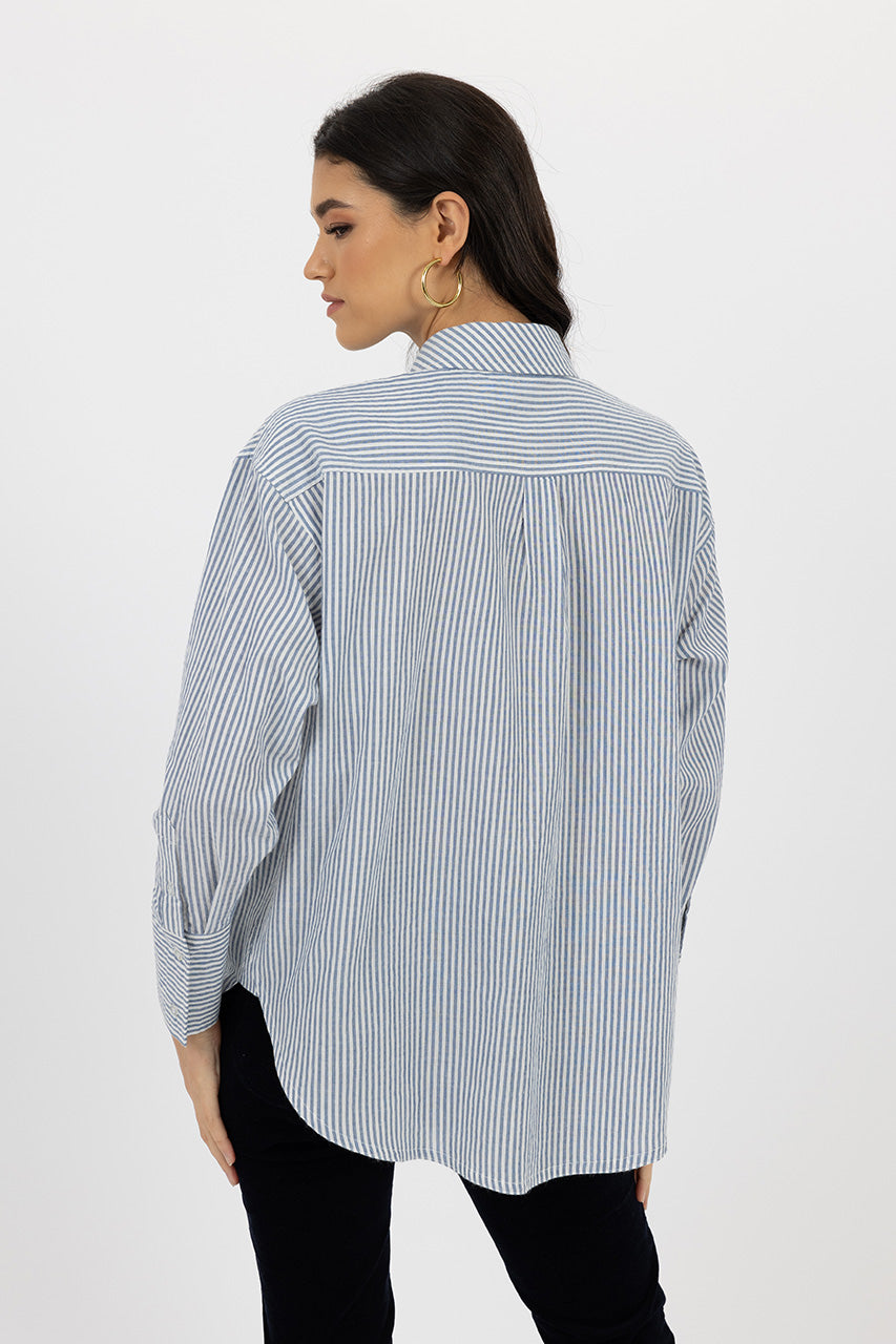 Humidity lifestyle casual clothing spring summer autumn winter range melbourne fashion high street Armadale calma spa HW24703 zali striped shirt navy back view
