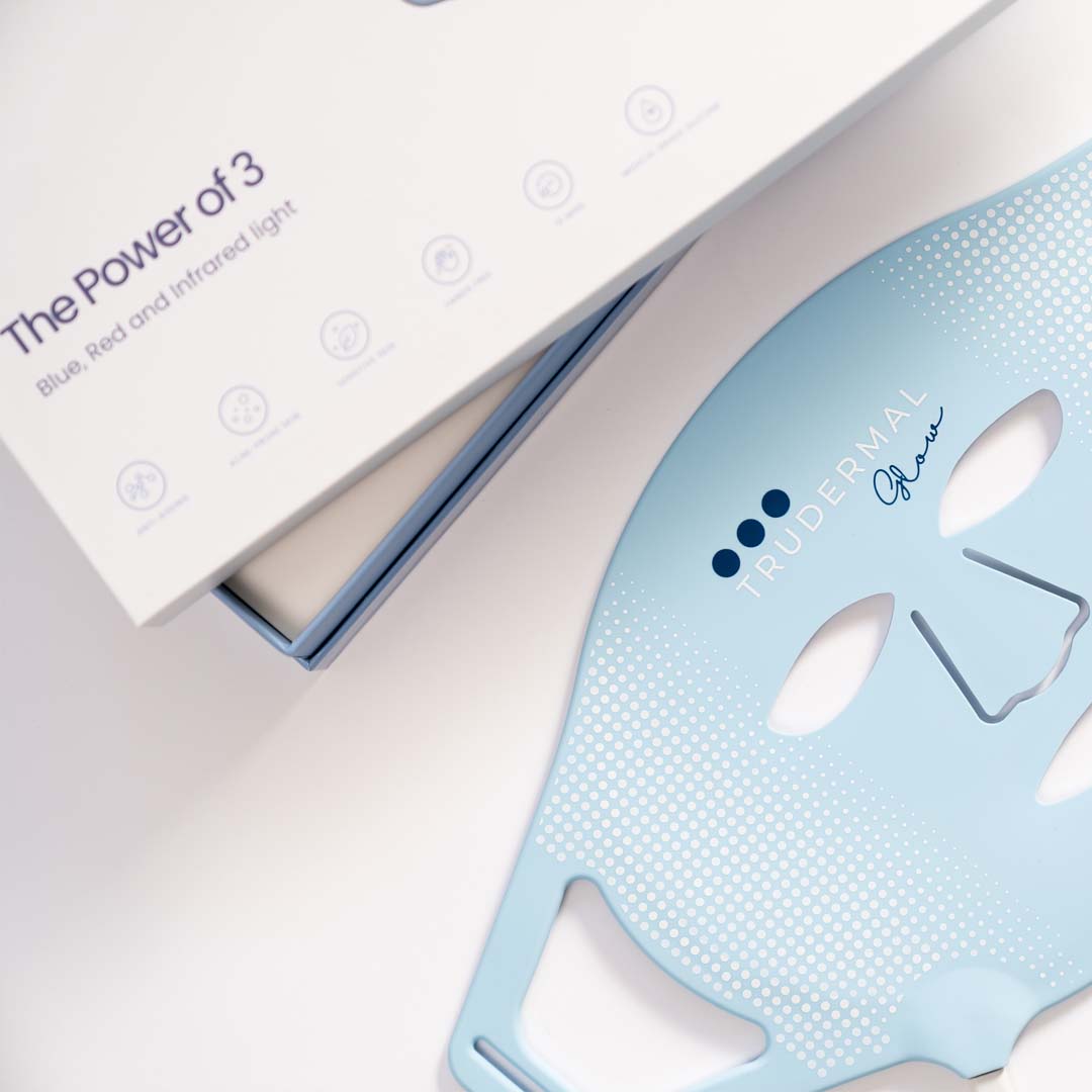 trudermal glow at home led mask with strap hands free high powered blue red near infrared wavelengths glowing skin acne premature aging calma spa skin clinic armadale melbourne power of 3