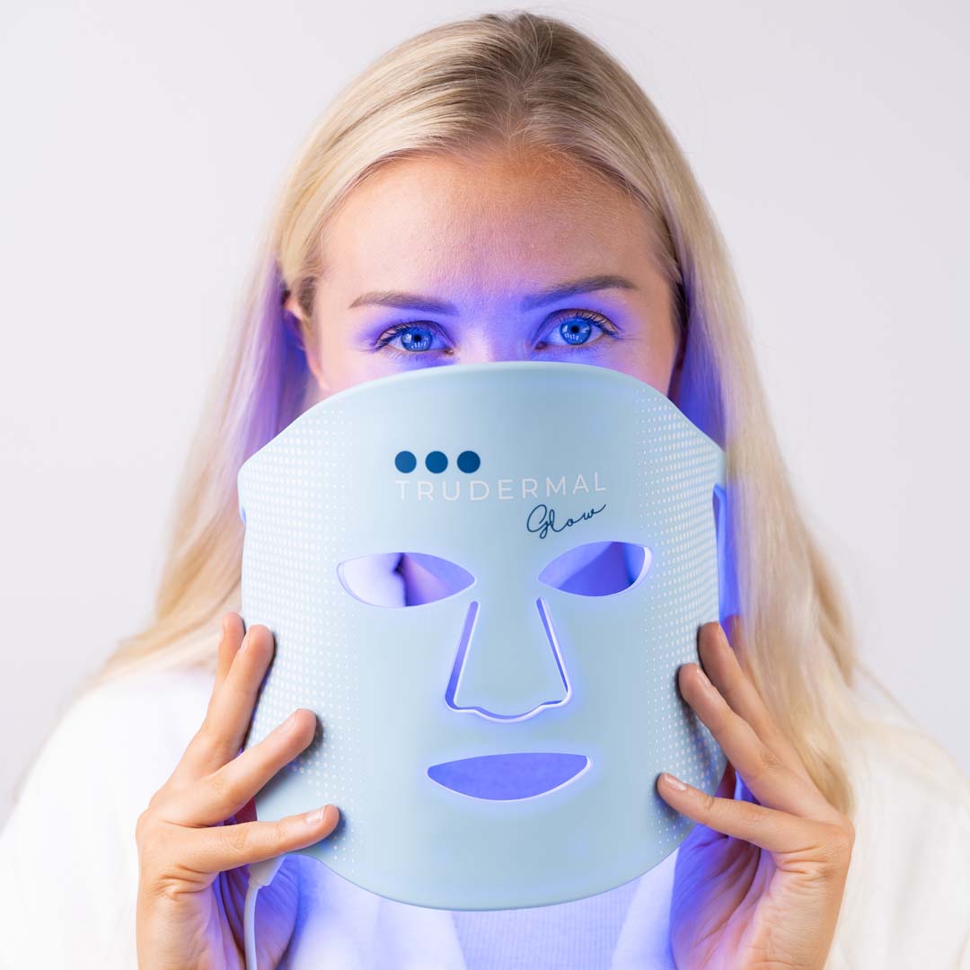 trudermal glow at home led mask with strap hands free high powered blue red near infrared wavelengths glowing skin acne premature aging calma spa skin clinic armadale melbourne power of 3 front view