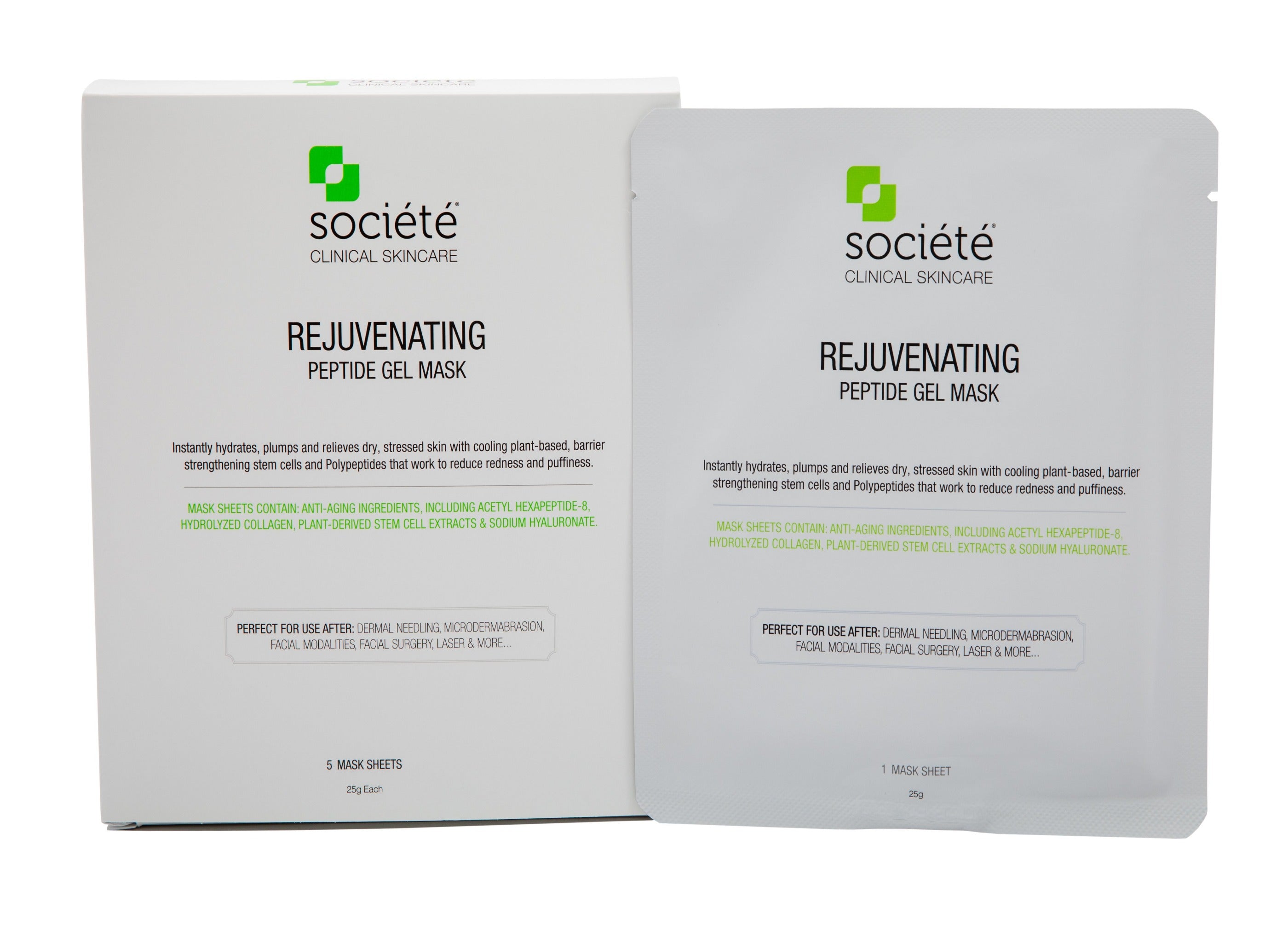 REJUVENATING PEPTIDE GEL MASK The Rejuvenating Peptide Gel Mask was developed for cosmetic use to calm and moisturize the skin after micro-needling, surgical procedures, post injection, and/or any ablative treatments. In addition, it can also be used during facials and microdermabrasion treatments. Calms, cools and soothes skin instantly
Reduces redness & puffiness with refreshing, cooling effect
Delivers deep hydration to dry and stressed skin 
