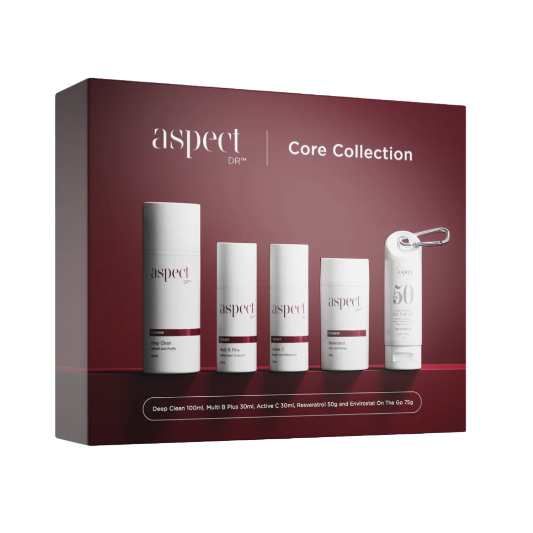 Aspect Dr Core Collection Kit healthy skin anti aging youthful glow retinol vitamin b deep clean active c resveratol envirostat spf 50+ hydration fine line wrinkles discount kit