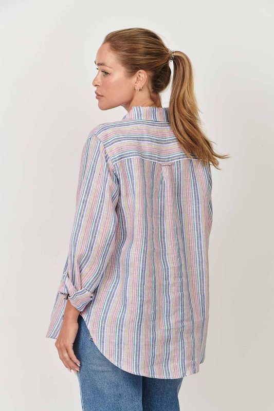 100% linen enveloppe shirt over shoulder back view arc en ciel pastel striped shirt over size boyfriend style loose fitting summer calma spa skin clinic armadale melbourne fashion lifestyle 