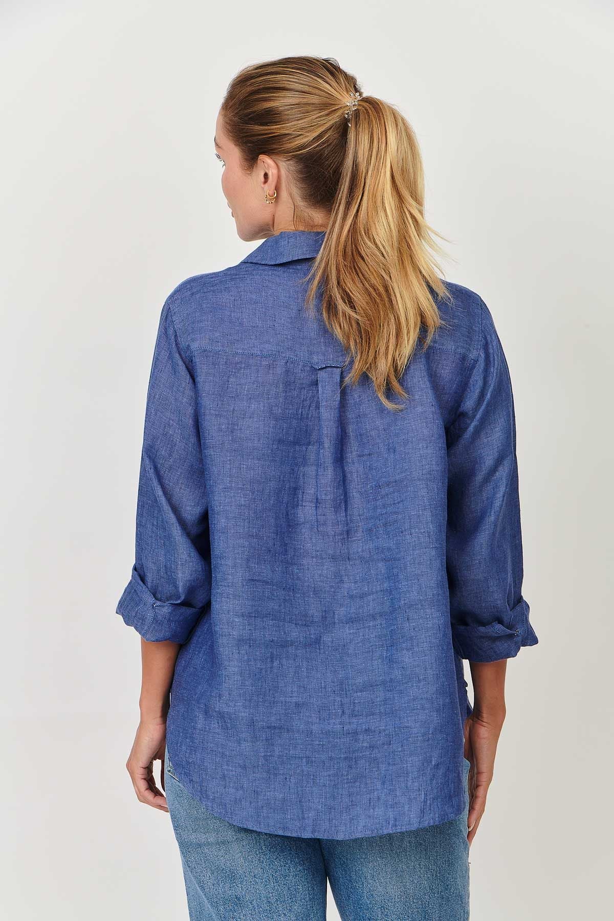 100% linen Enveloppe shirt back view cobalt blue shirt over size boyfriend style loose fitting summer calma spa skin clinic armadale melbourne fashion lifestyle