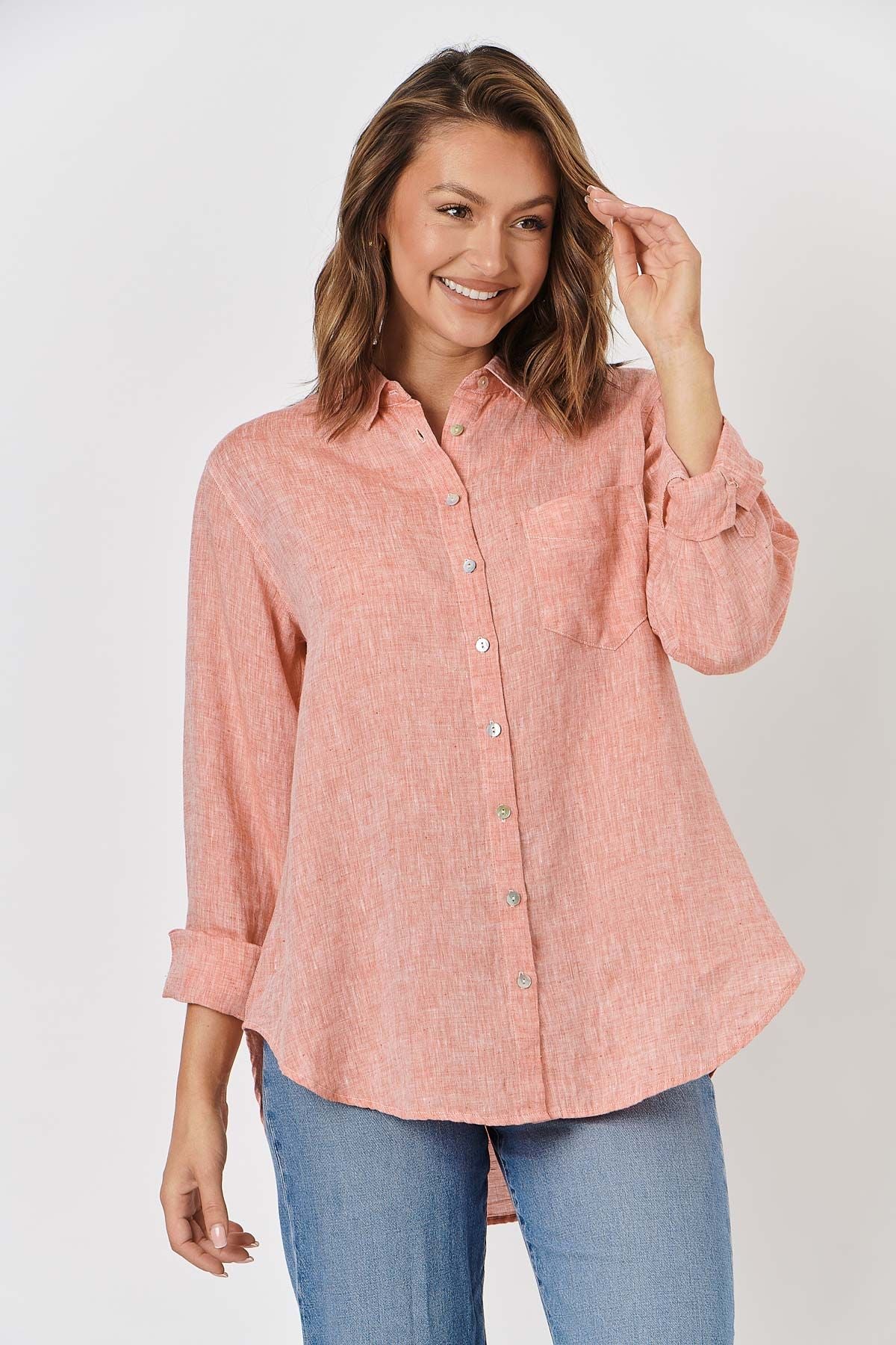 100% linen Enveloppe shirt LIFESTYLE IMAGE MANDIRINE ORANGE style 031 over size boyfriend style loose fitting summer calma spa skin clinic armadale melbourne fashion lifestyle