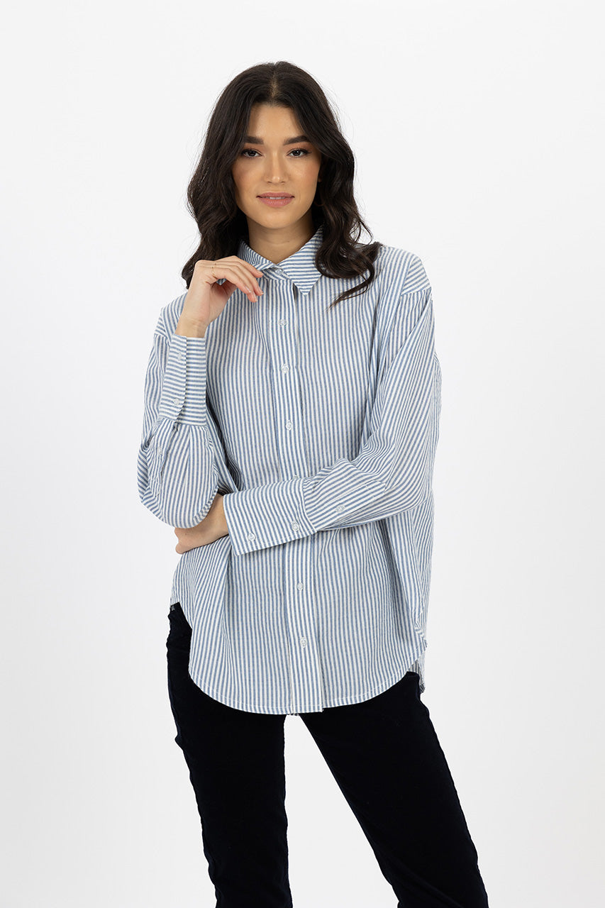 Humidity lifestyle casual clothing spring summer autumn winter range melbourne fashion high street Armadale calma spa HW24703 zali striped shirt navy front view