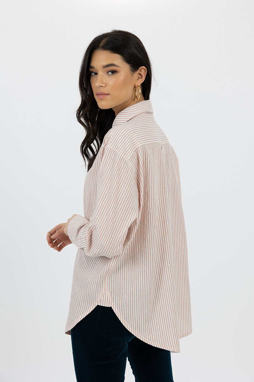 Humidity lifestyle casual clothing spring summer autumn winter range melbourne fashion high street Armadale calma spa HW24703 zali striped shirt pink clay side view