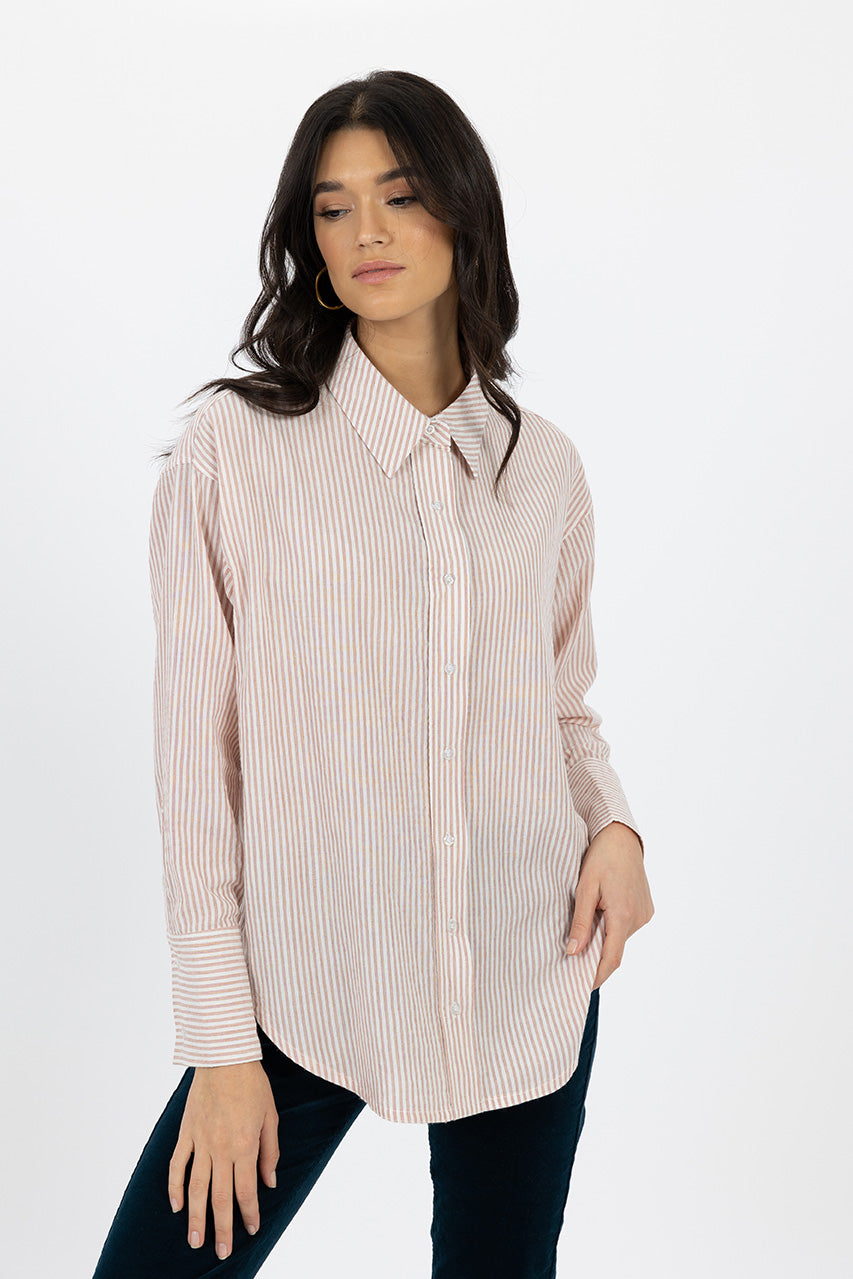 Humidity lifestyle casual clothing spring summer autumn winter range melbourne fashion high street Armadale calma spa HW24703 zali striped shirt pink clay front view