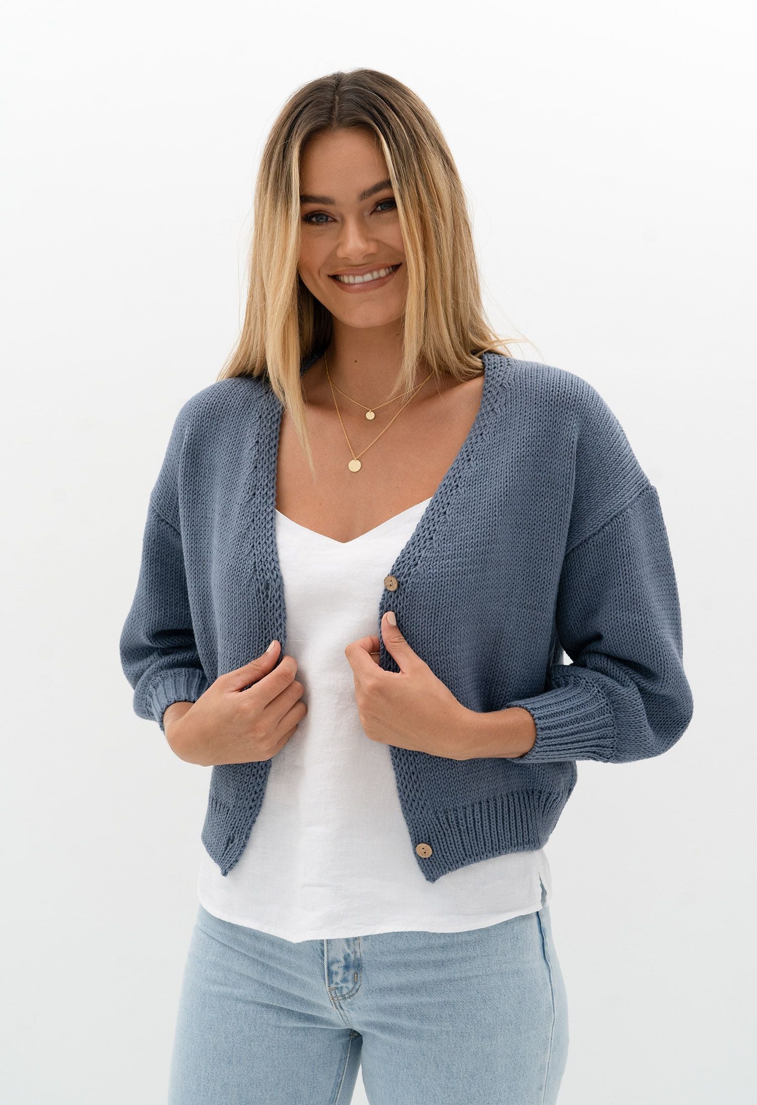 Humidity lifestyle casual clothing melbourne fashion high street Armadale calma spa HS23801 bloom cardi denim front view