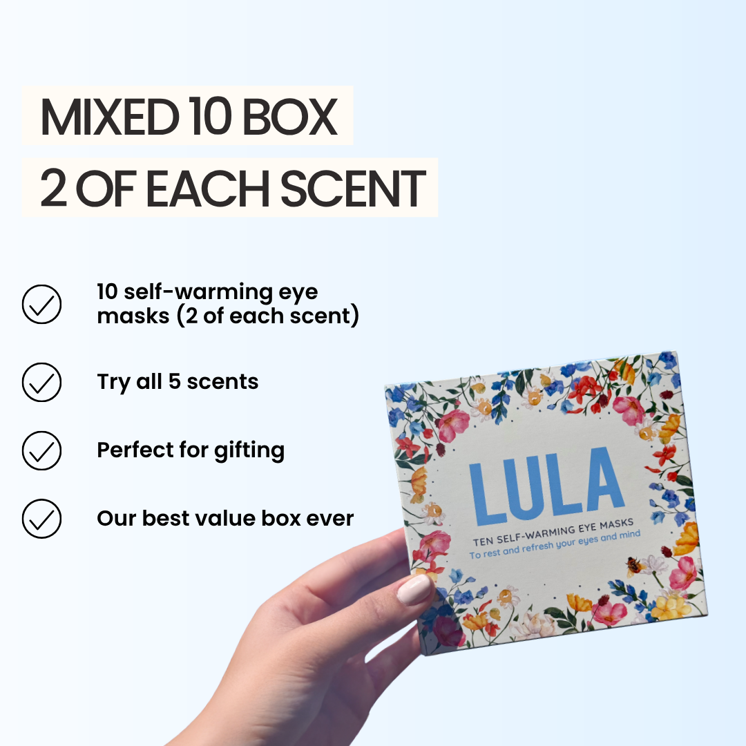 The scents are purposefully subtle so as not to overwhelm your sense while you relax. Jasmine, Rose, Vanilla and Lavender can help relax, de-stress and assist with sleep. The scents are activated as the mask warms, so when the eye mask has heated, you can pull it down over your nose and take a few deep breaths in!