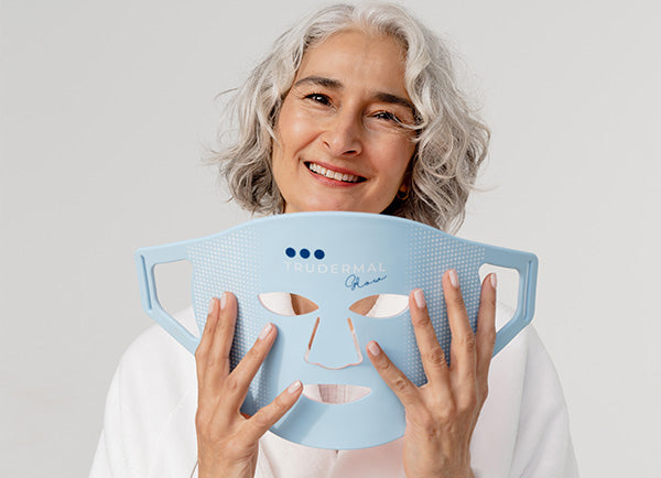 trudermal glow at home led mask with strap hands free high powered blue red near infrared wavelengths glowing skin acne premature aging calma spa skin clinic armadale melbourne power of 3 older woman