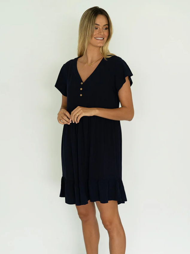 Humidity lifestyle casual clothing spring summer dress melbourne fashion high street Armadale calma spa HS22717 holly dress  indgo navy dark blue front view